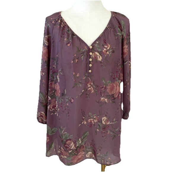 Chaps Sheer Peasant Top Blouse Size XL Petite Purple Floral Whimsigoth Fairy - Picture 1 of 11